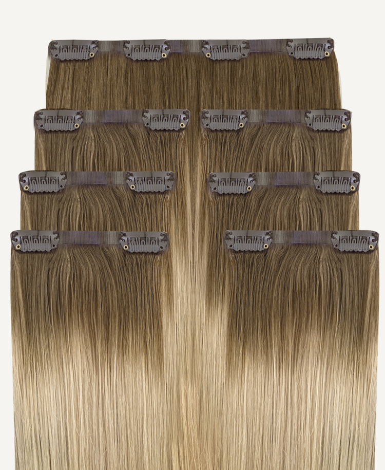 invisible clip-in hair extensions #8-60 rooted blonde.