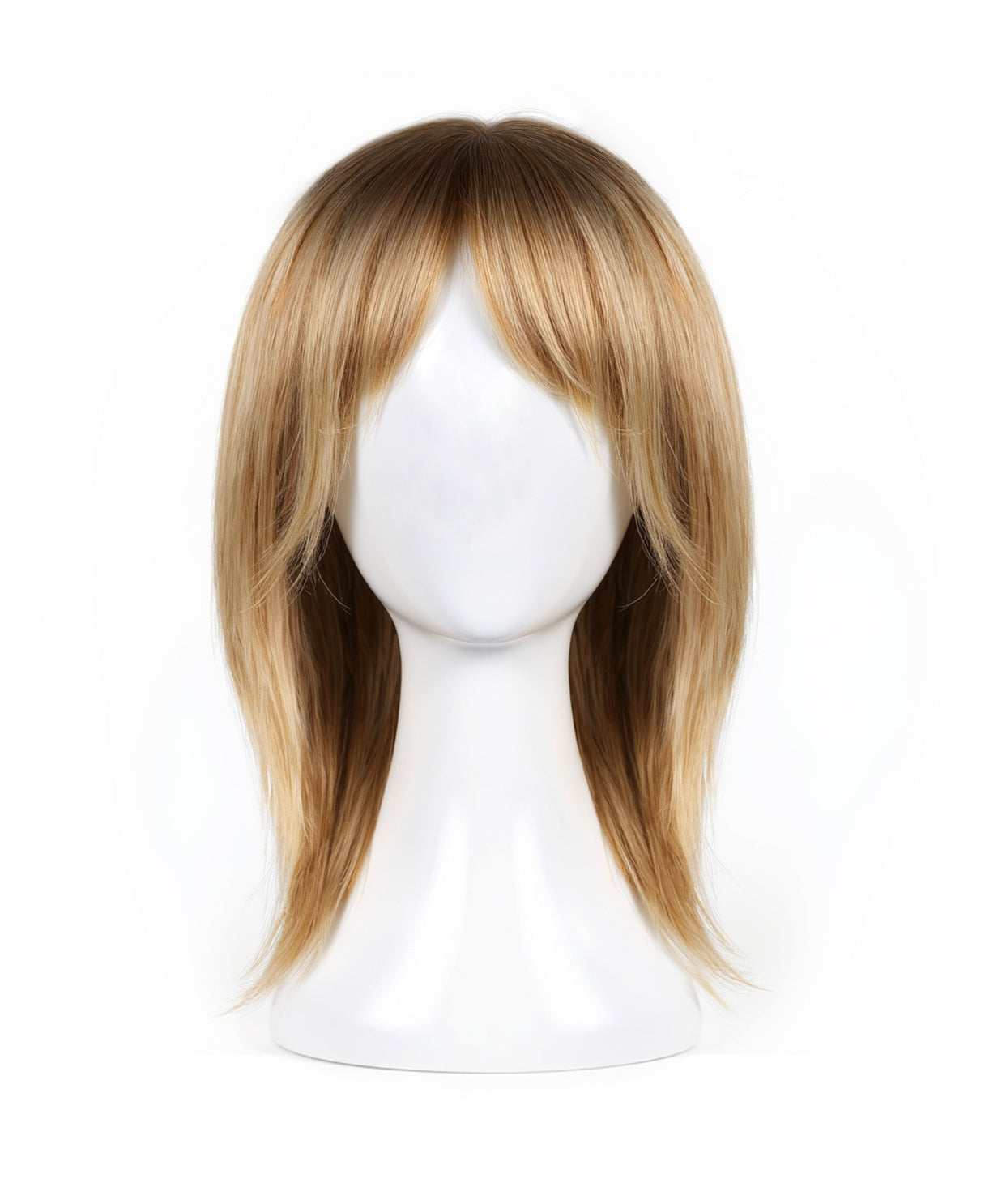 hair topper with bangs 12" rooted blonde highlights.