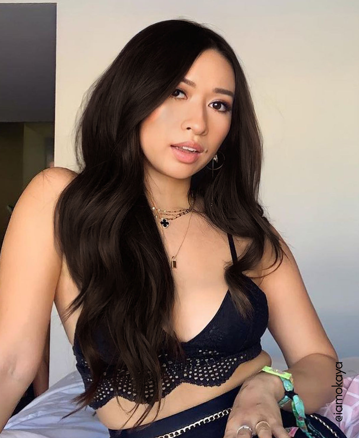 model wearing dark brown extensions